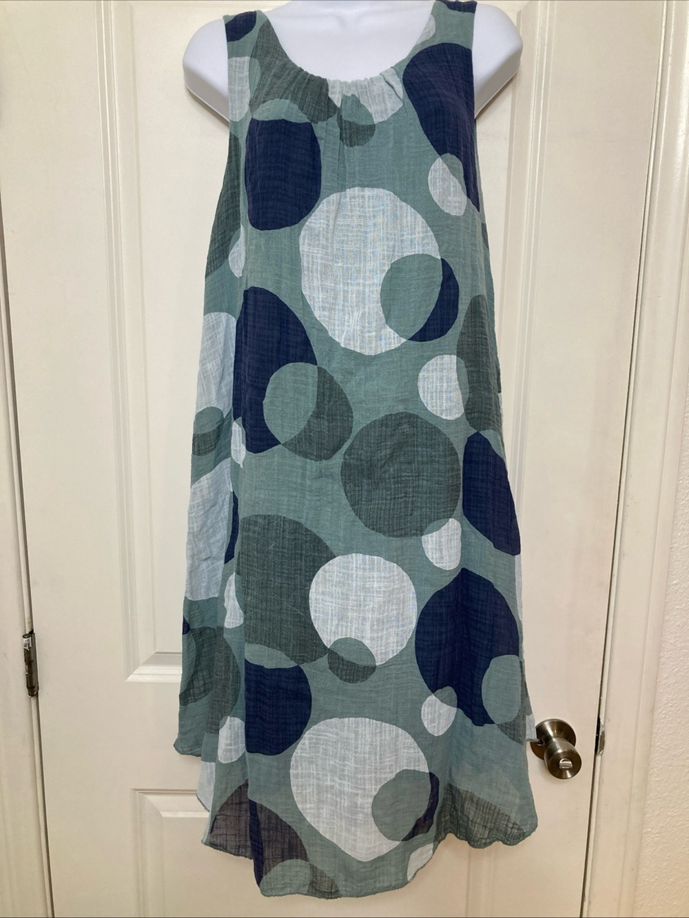 Vasna Green Blue Cotton Sleeveless Midi Shift Dress Lagenlook Boho Size M